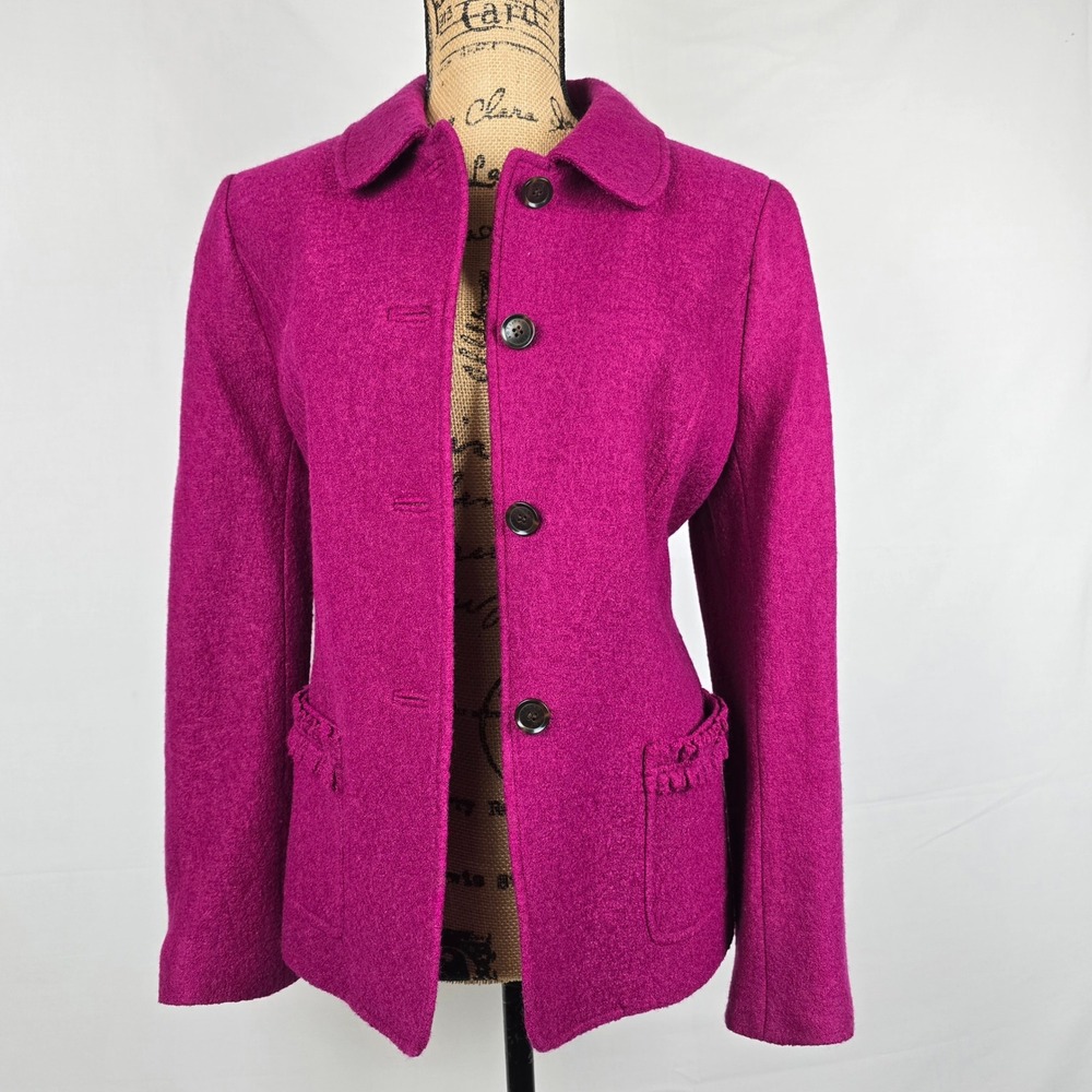 Talbots Magenta Pink Wool Blend Ruffle Pocket Pea Coat Jacket Size 12